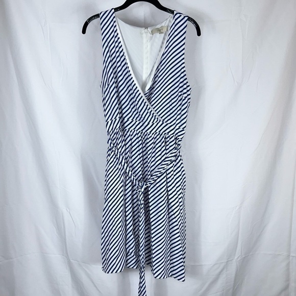Loft Dress Above The Knee Stripe Belted Fit & Flare Wrap Dress V-Neck Sleeveless - Picture 2 of 8